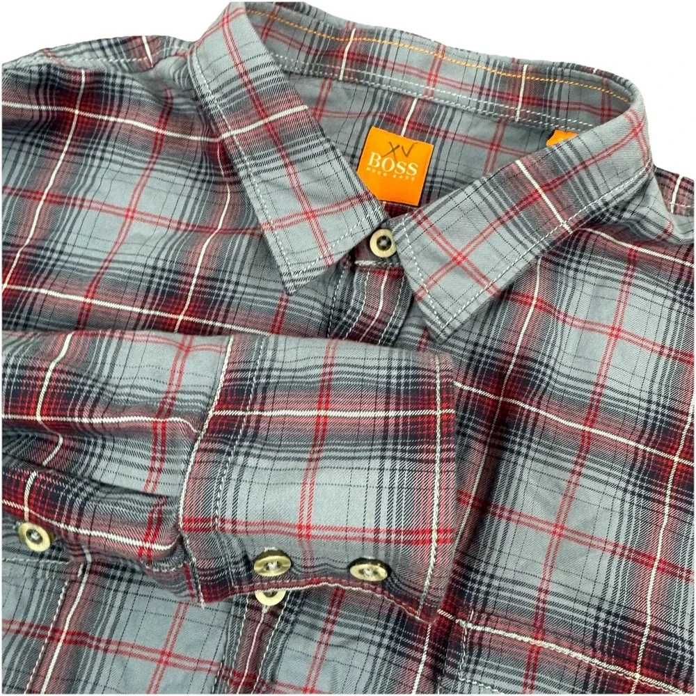 HUGO BOSS - Orange line - Mens long‎ sleeve button SLIM plaid shirt - L